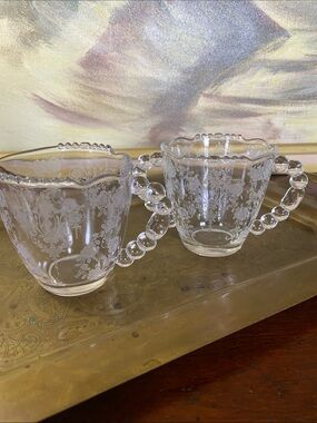 Etched Glass Creamer and Sugar Set with Beaded Handles - Clear